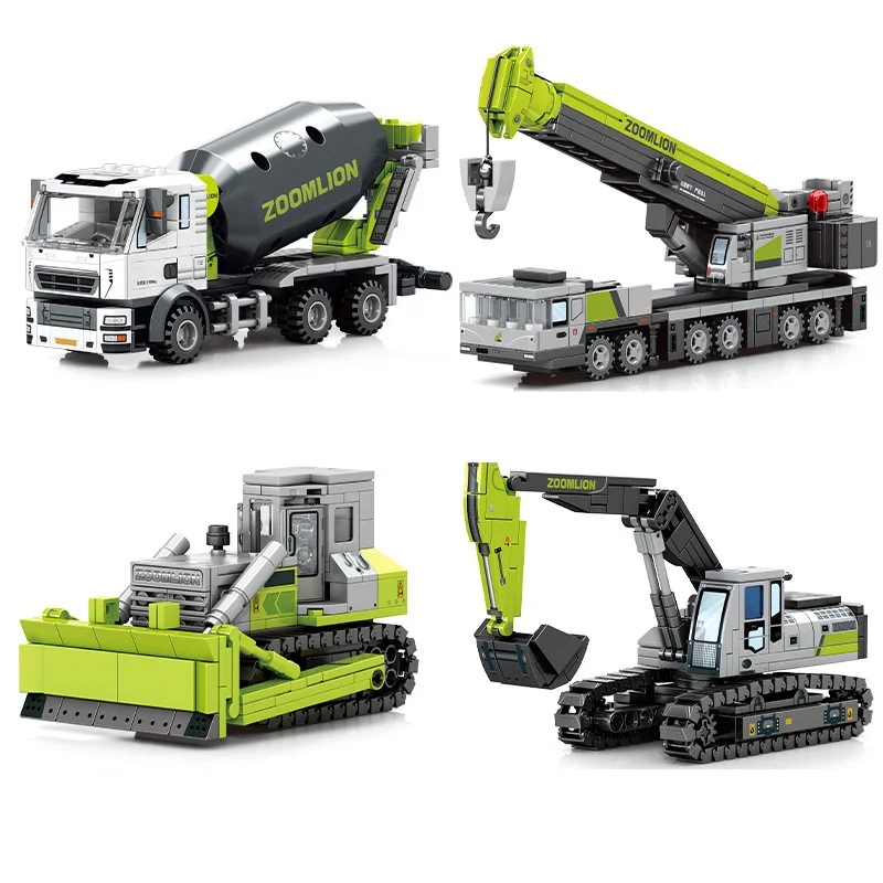 New Mechanical Engineering Car Concrete Mixer Truck Bulldozer Crane Excavator Building Blocks Mini Action Figure Toys