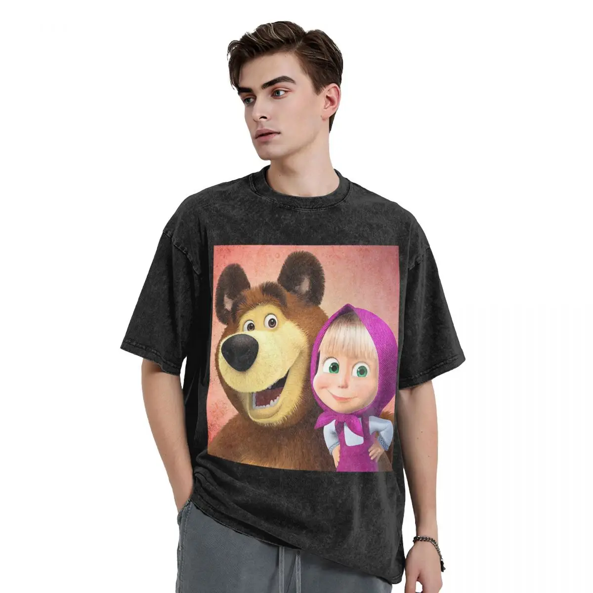 

Cartoon Masha And The Bears Washed T Shirts Vintage Short Sleeve Hip Hop T-Shirt Streetwear Tops Tees for Men Women
