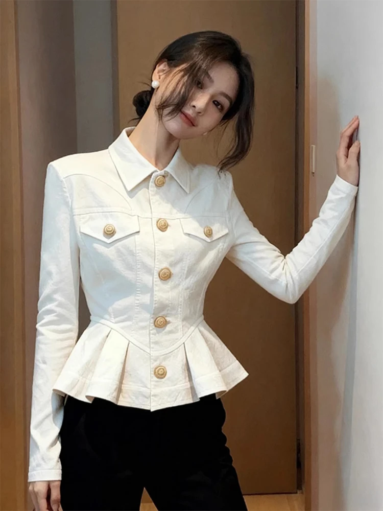 

Ele White Retro Sle ort Jaet Women's Early Autumn 2026 New Unique Exquisite Top Button Front Collar Metal Bule
