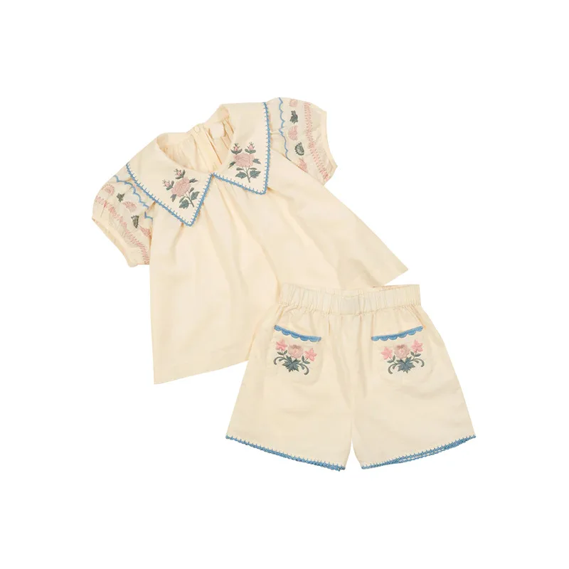 Apo Summer 2024 Girls' Set Same Style Girls' Pastoral Style High Definite Heavy Duty Embroidery Top and Shorts Two holiday sets