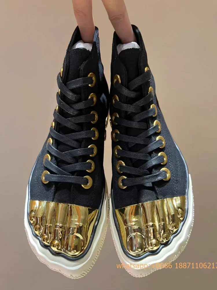 Golden Five Fingers Catwalk Ladies Shoes 2024 Summer New Sexy Street Thick Sole Sports Casual Pumps Model Party Lace Up Sneakers