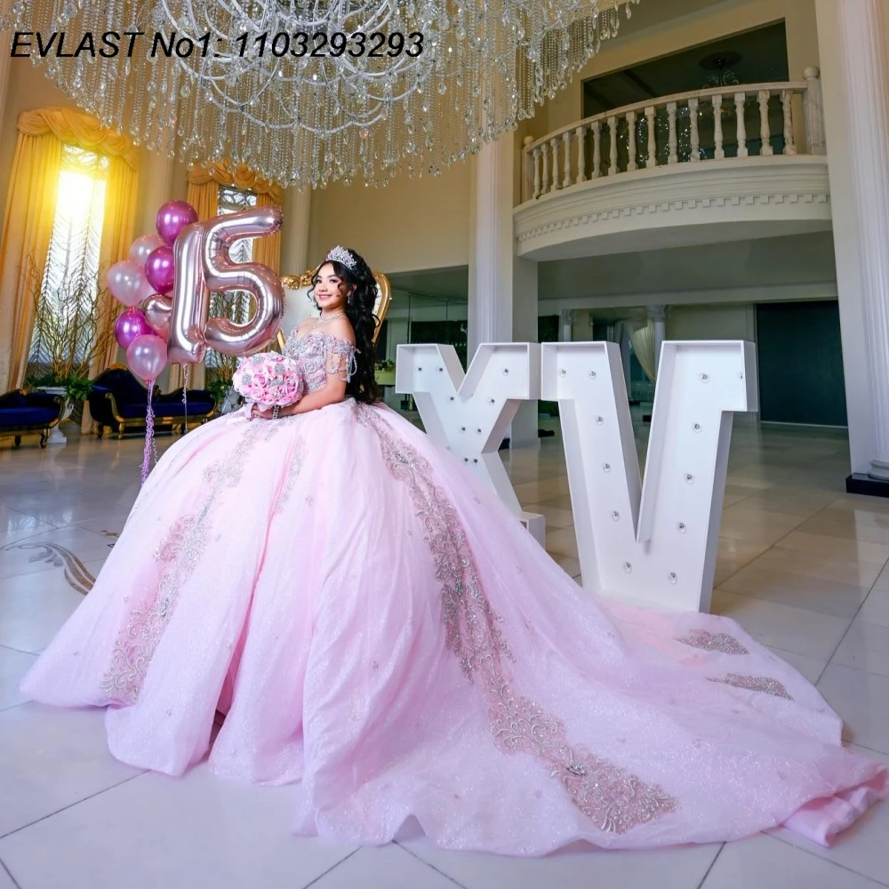 

EVLAST индивидуальное блестящее розовое платье Quinceanera 2026 бальное платье с кружевной аппликацией и кристаллами из бисера Sweet 16 Vestidos De 15 Anos E1QN564