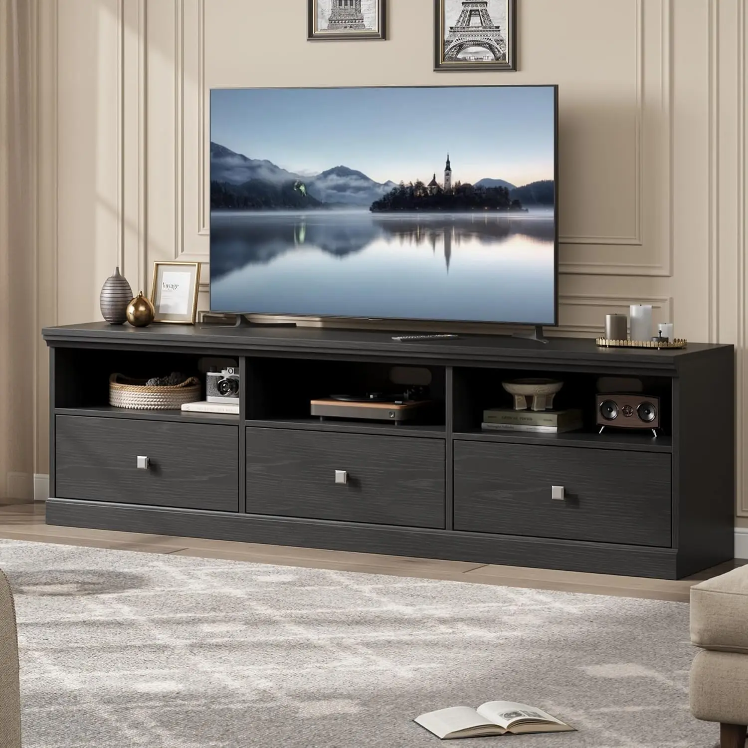 Mid-Century TV Stand For 65-75 In TV With 3 Drawers & Shelves Entertainment Center Media Cabinet For Living Room, Customized