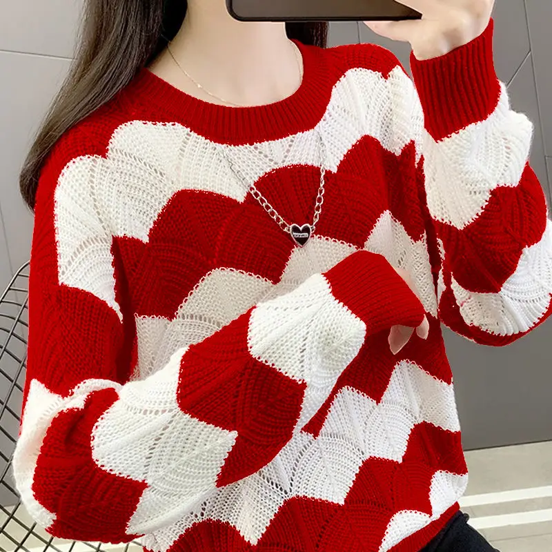 Fashion Loose Knitted Wave Cut Hollow Out Sweaters Women\'s Clothing 2023 Autumn Winter Oversized Korean Pullovers Casual Tops