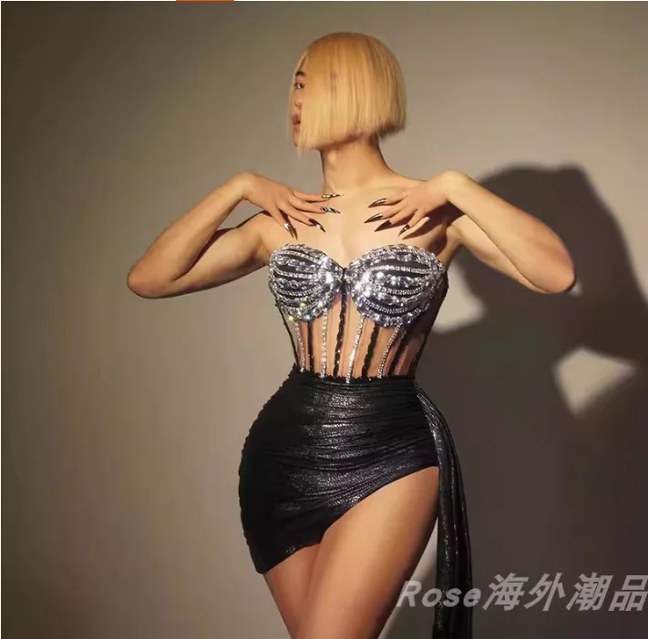 

Nightclub Bar Women's Tight Transparent Mesh Dress, Feather, Rhinestone, Backless, Sexy, Singer Carnival Club