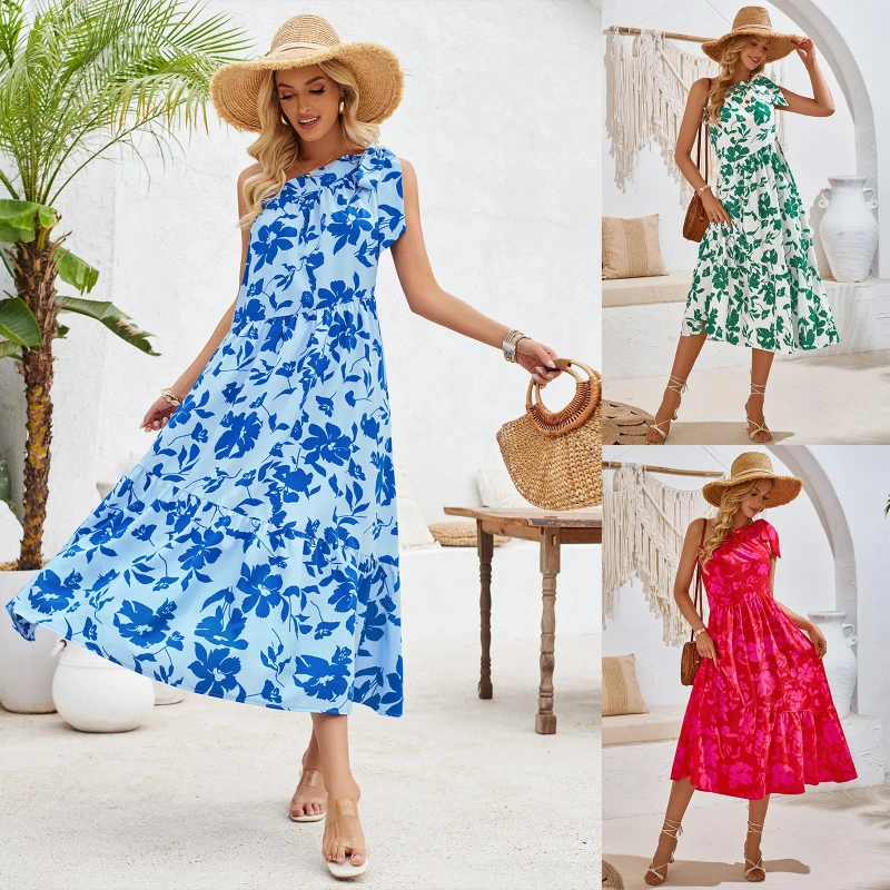 Summer Fresh Breeze Hot Selling Women's Clothing New Style Off Shoulder Strap Printed Waist Cinching Jumpsuit Long Skirt