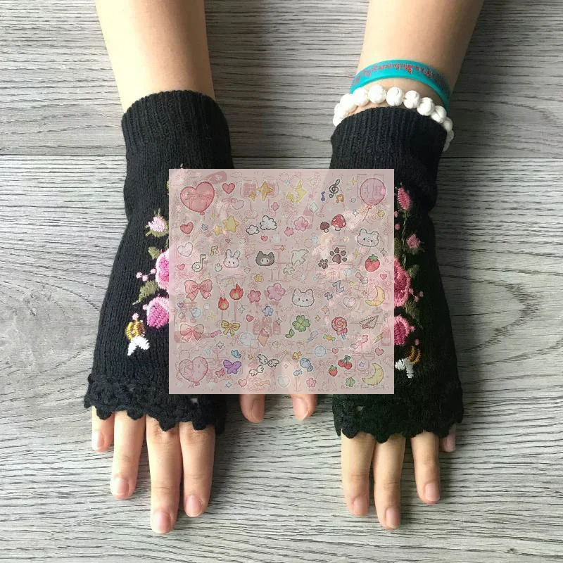 Cute Vintage Embroidery Knitted Gloves Bee Half Finger Fingerless Gloves Korean Style Warm Winter Wool Gloves Outdoor