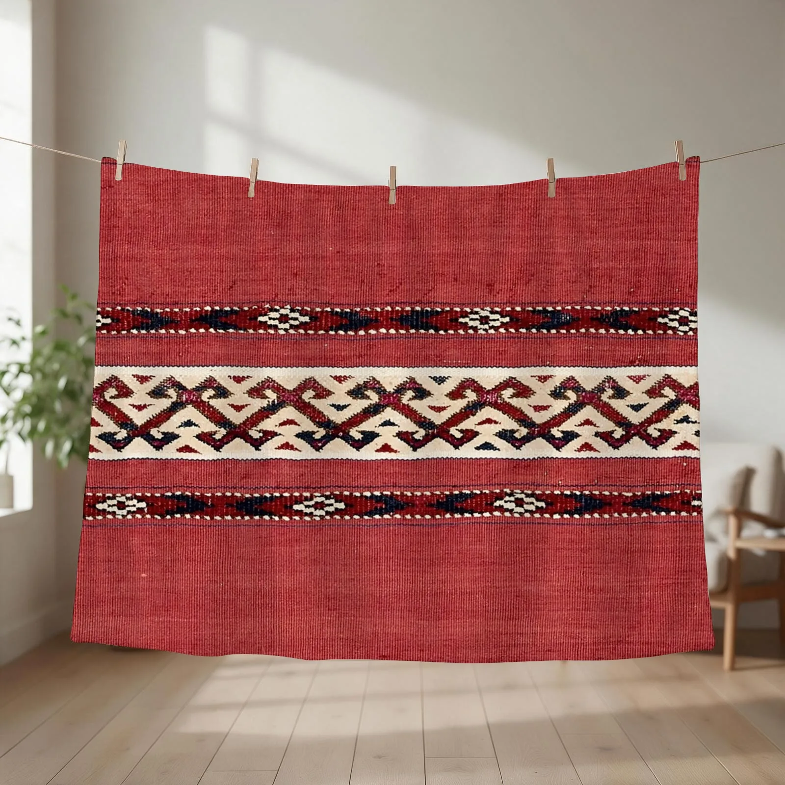 Triangle Stripe Kilim 19th Century Authentic Colorful Picture of a Red Black and White Rug Throw Blanket Cute Plaid Blankets