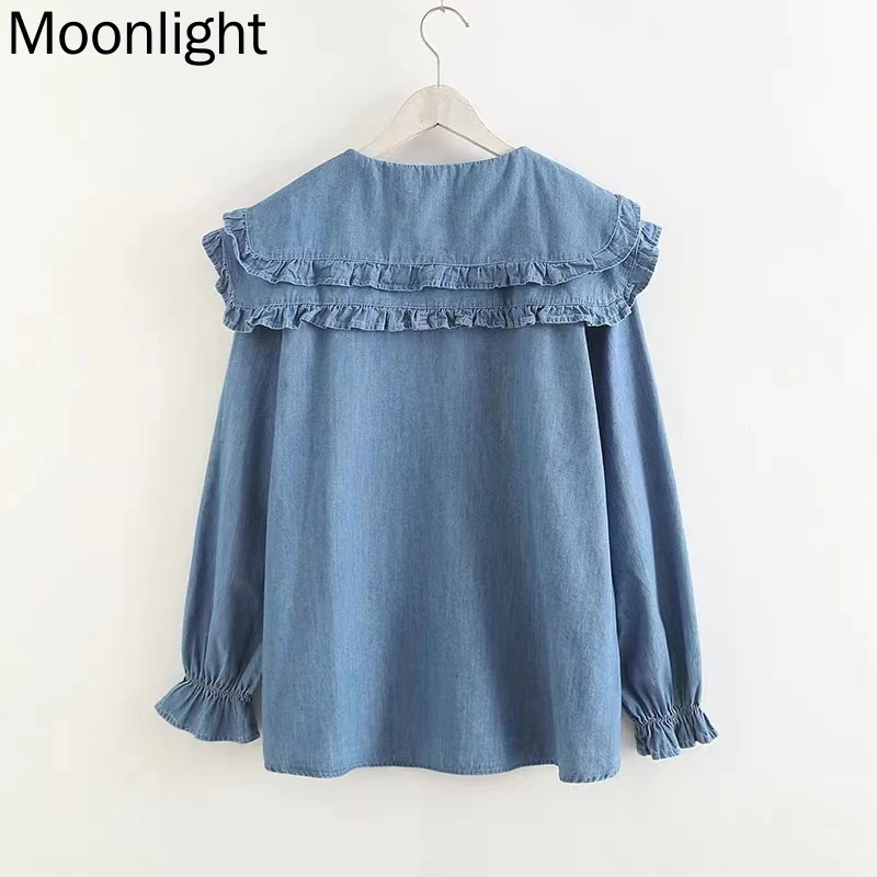 3D Flower Ruffles Peter Pan Collar Denim Shirt Women Autumn Japanese Sweet Mori Girl Long Sleven Single-breasted Female Blouse