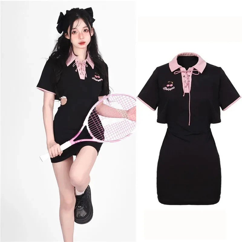 Korean Dresses Women Streetwear Clothes Hollow Waist Strap Cherry Embroidery Polo Short Sleeved Bag Hip Black Summer Dress Women