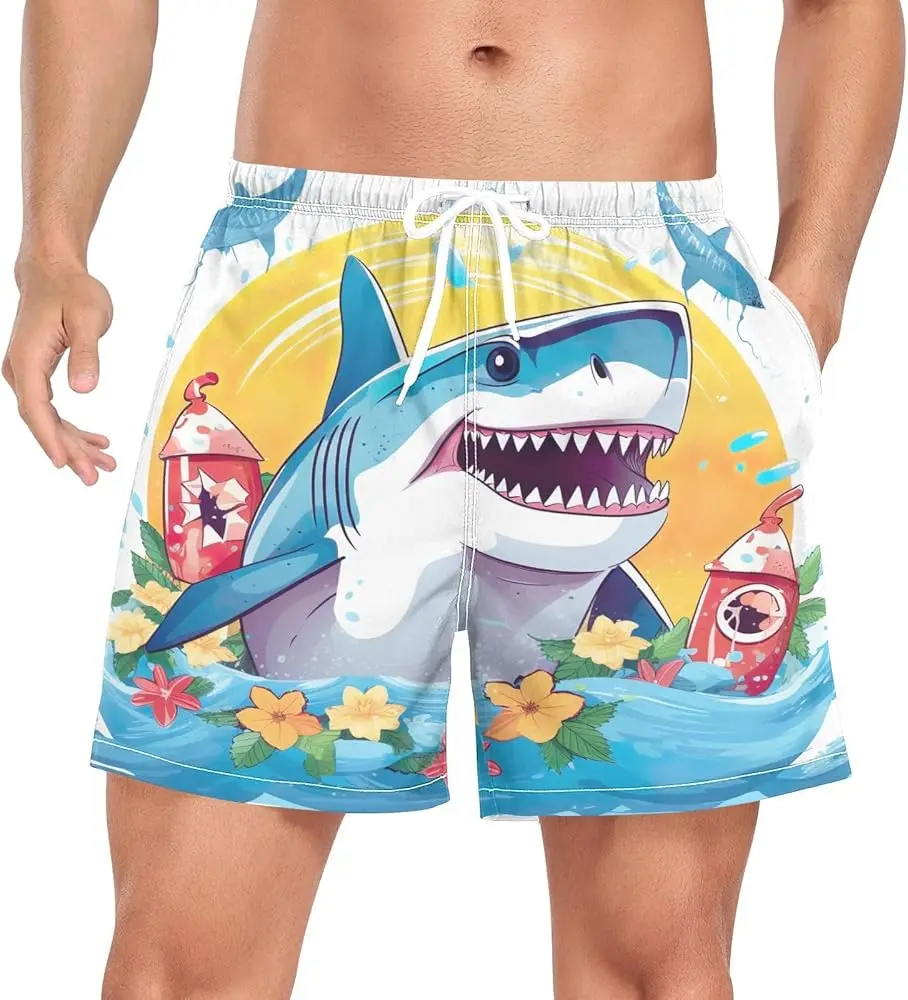 

Men'S Plus Size Summer Beach Shorts with Cartoon Shark Print - Breathable Quick-Dry Fabric, Relaxed Fit & Drawstring Pocket Swim