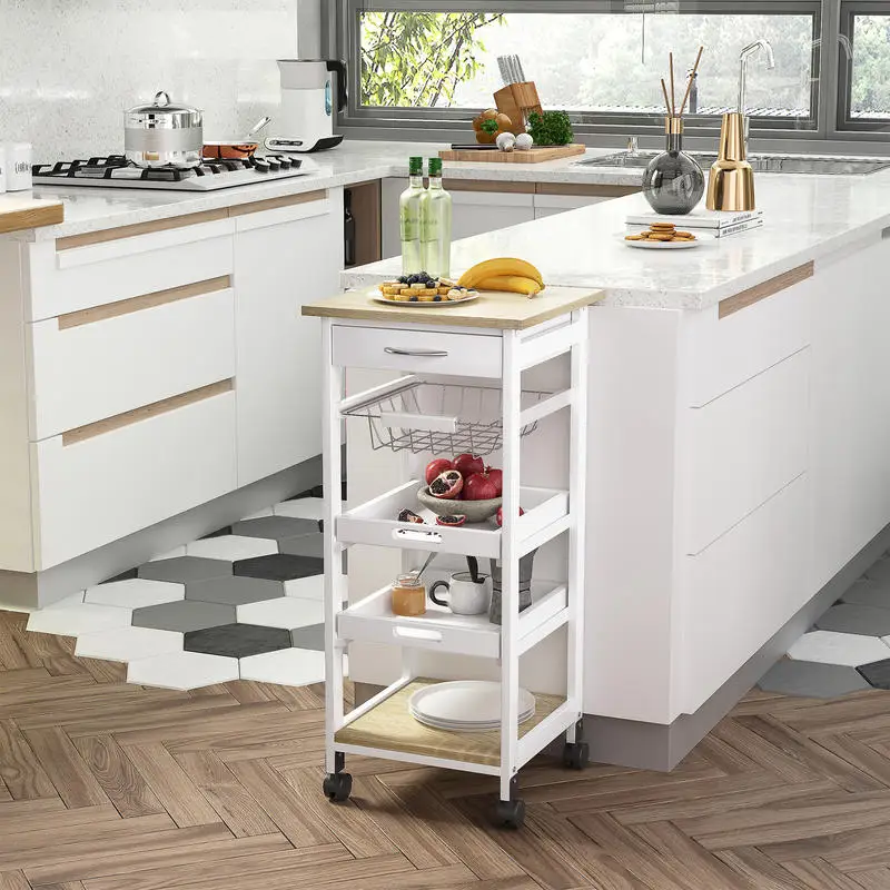 

Kitchen Trolley, Serving Trolley with Drawer and Removable Tray, Kitchen Rolling Cart, Rolling Cart with Worktop, Pine Wood, White, 37 X 37 X 82 Cm