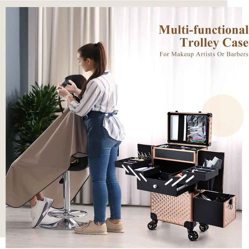 전문가용 로즈 골드 롤링 메이크업 트레인 케이스 - 네일 기술자, 미용사 등을 위한 대형 다기능 트롤리 수납함