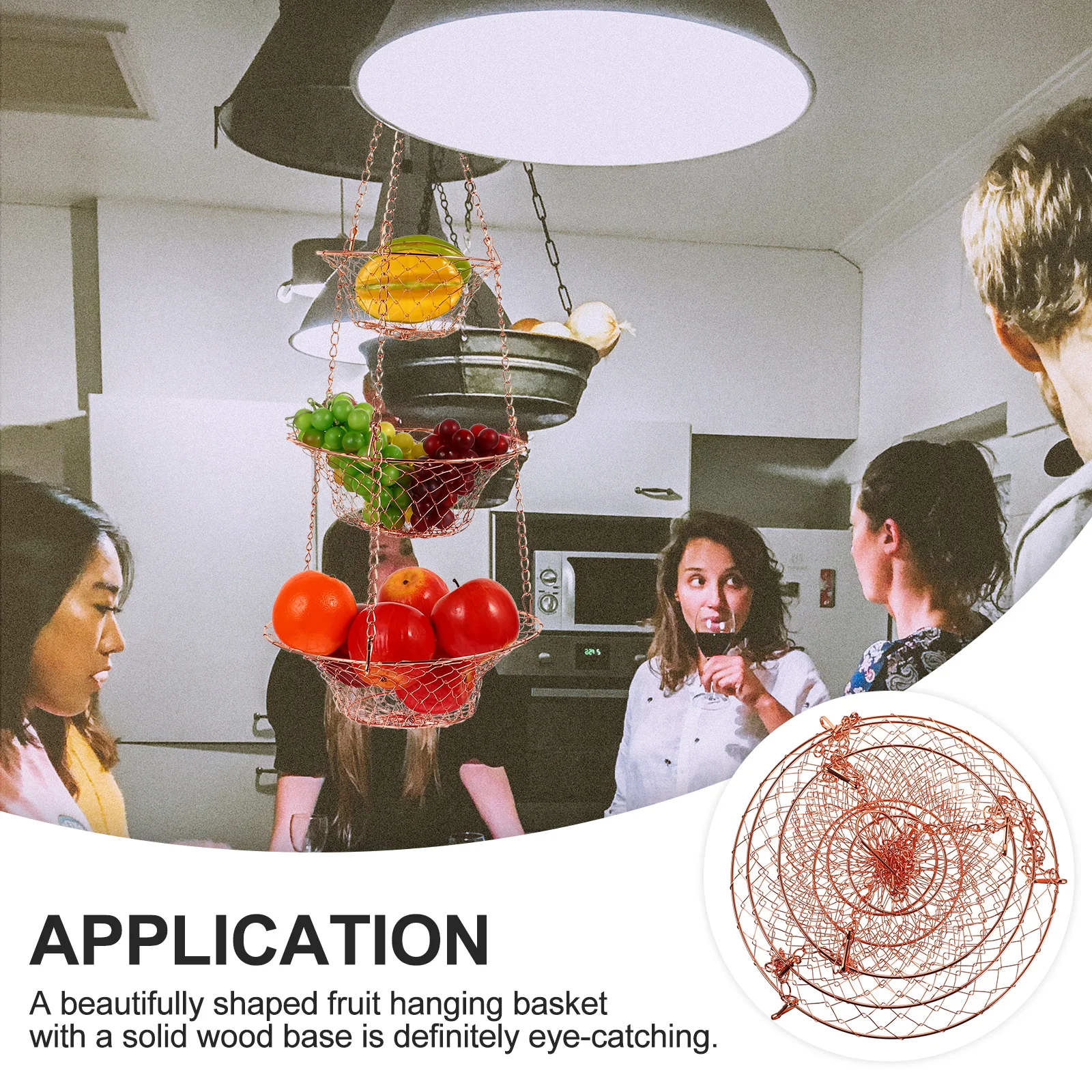 مجموعة واحدة من سلة الفاكهة المعلقة بثلاث طبقات مع قاعدة من الخشب الصلب، سلة تخزين سلكية قابلة للتنفس، متعددة الغرف، منظم عرض معلق