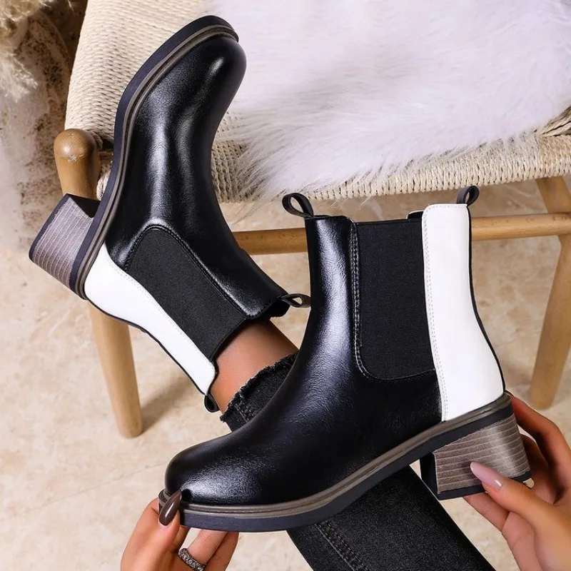 

Big Size 34-43 Cow Leather Round Toe High Heels Retro Modern Chelsea Boots Warm Winter Shoes Motorcycles Ankle Boots Spring and