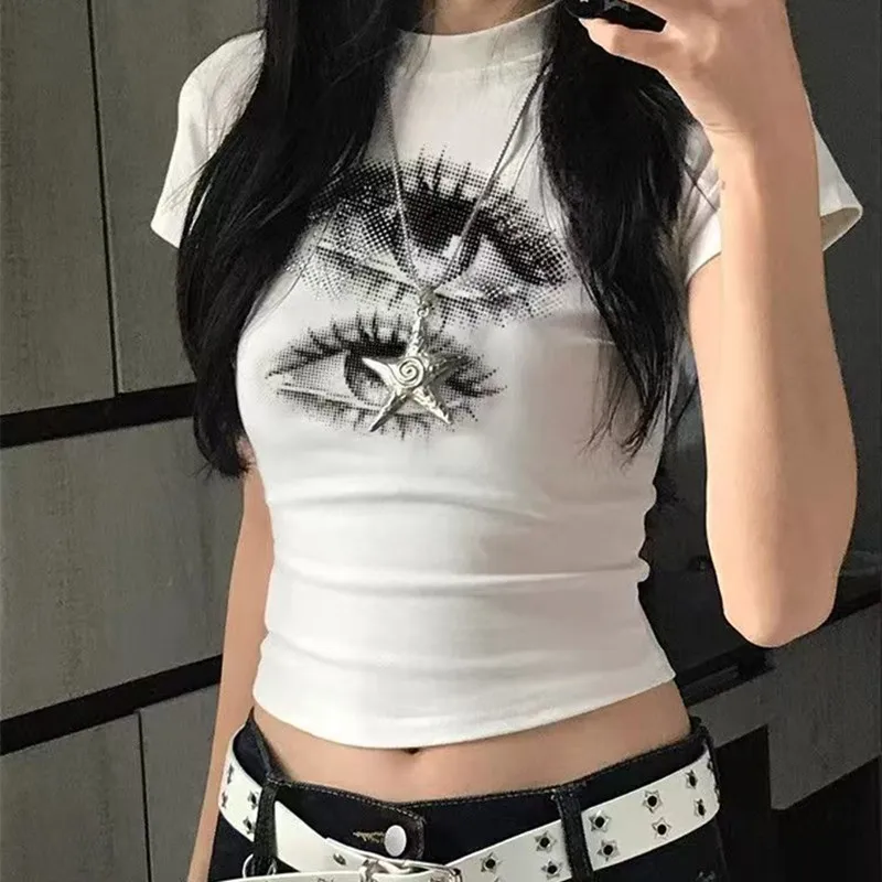 Eyes Pirnt Gothic Fashion T-shirt Crop Tops Women Streetwear Kpop Harajuku Sexy Tees Shirt Vintage Cheap Clothes Woman Tshirts