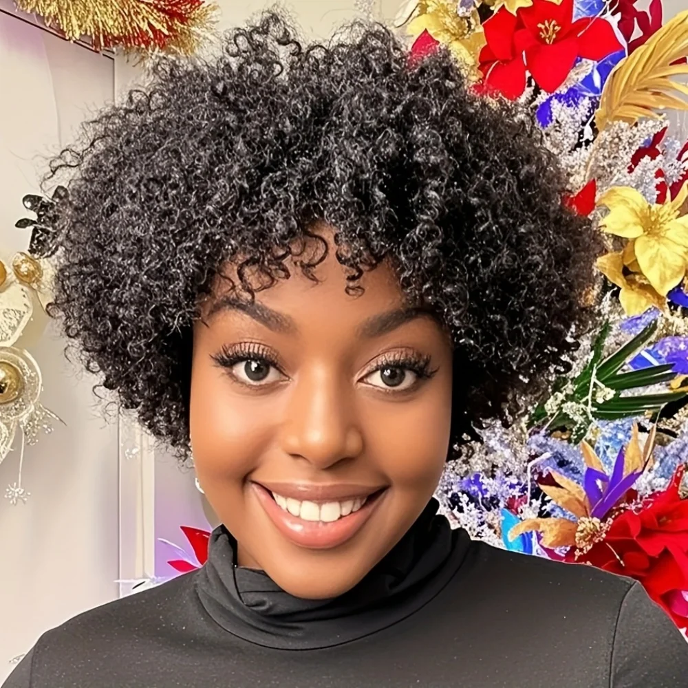 Human Hair Wig Natural Afro Kinky Curly Pixie Cut with Bangs
