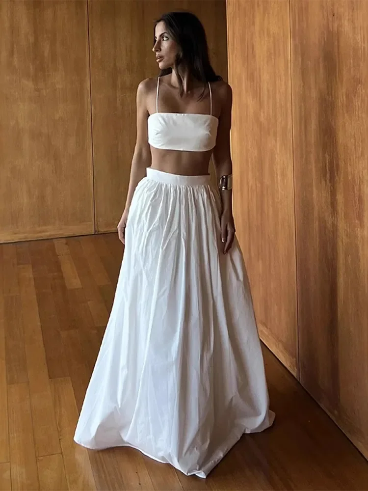 

White High Waist Pocket Long Skirt Suit Fashion Sleeveless Backless Slim Sling Top 2 Piece Set Lady New Summer Holiday Outfit