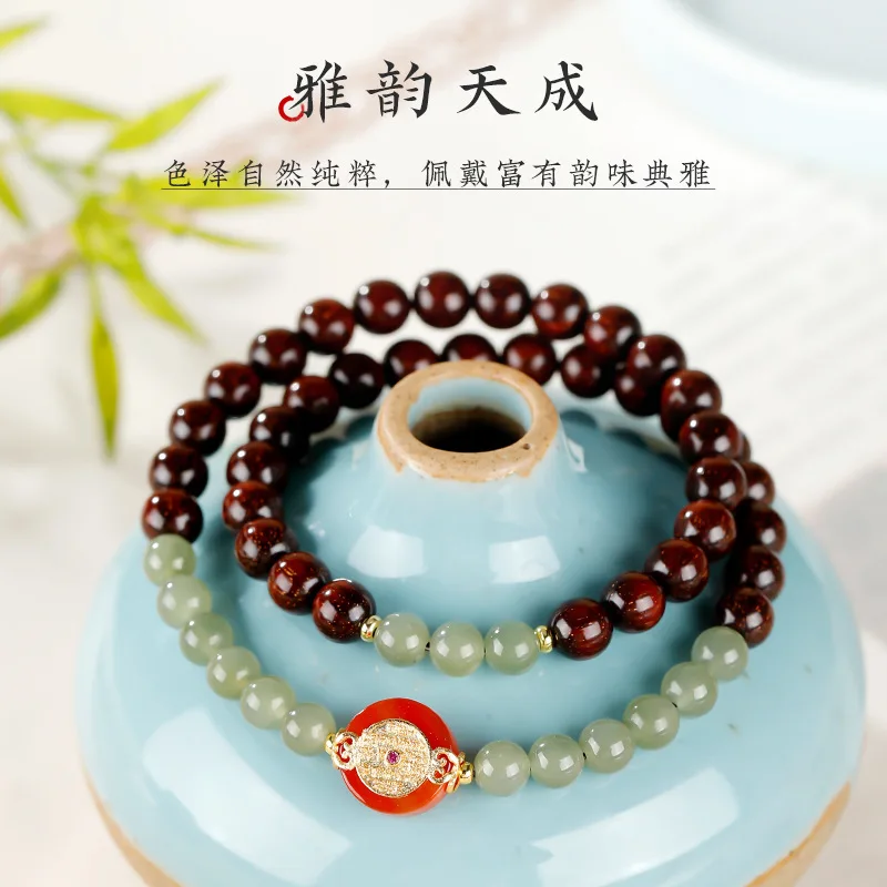 Natural Lobular Rosewood Bracelet for Women Hetian Jade Fortune Bead Double Layer Wrap Buddhist Prayer Beads Gifts