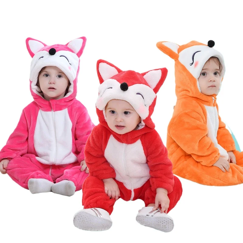 Winter Kigurumis Kawaii Fox Costume Infant Romper Pajamas Flannel Hooded Jumpsuits Baby Clothes Cartoon Overall Bodysuit Bebes
