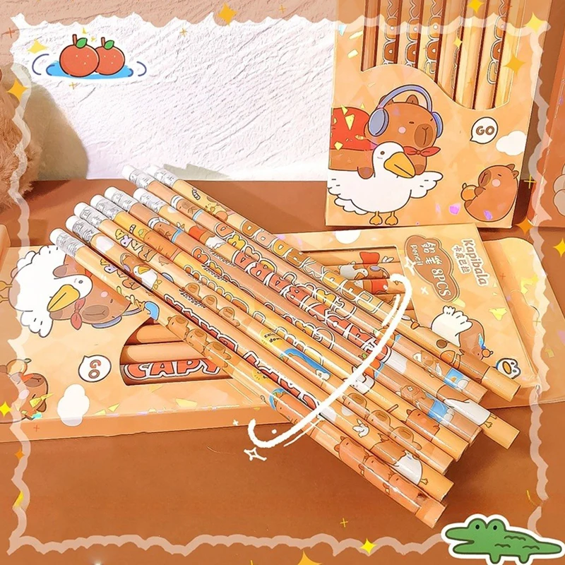 8 unids/caja de lápiz de capibara bonito de dibujos animados Kawaii HB, artículos de dibujo para bocetos, papelería para estudiantes, suministros escolares y de oficina, regalos para niños
