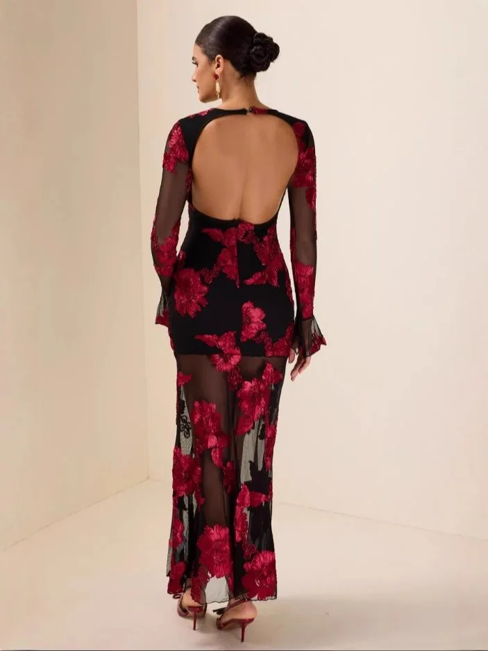 Fmxires موضة المرأة الراقية الجاكار فساتين مطرزة عارية الذراعين مساء حفلة فستان بكم طويل أنثى العصرية جديد 2025 #4