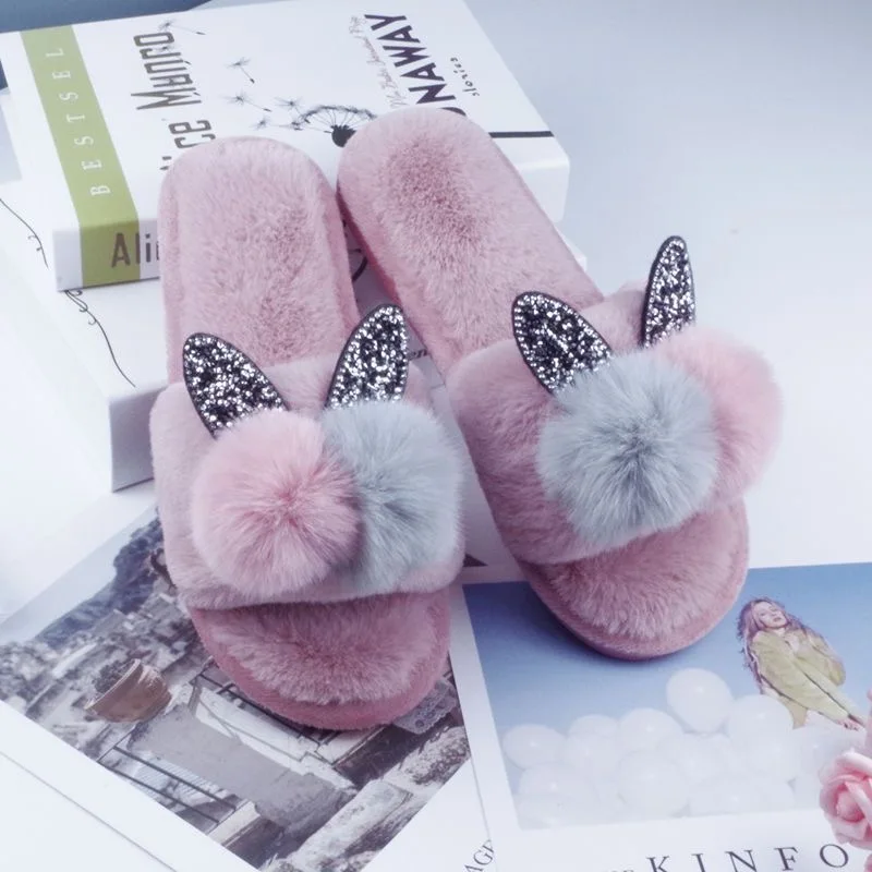 Женские противоскользящие тапочки из кроличьего меха, подходящие для осени и зимы, студенты с плоской подошвой.