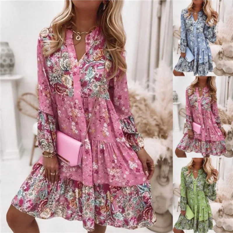 Floral Dress for Women 2024 Summer Oversize Elegant Long Sleeve Casual Dresses Female Loose Bohemian Beach Holiday Dresse New