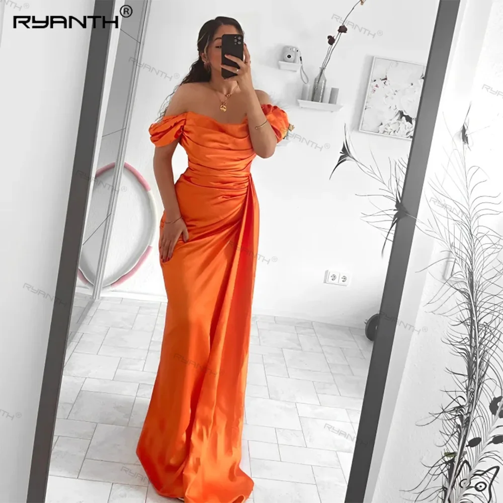 

Ryanth Orange Mermaid Bridesmaid Dresses Off The Shoulder Pleats Satin Long Prom Evening Dresses Wedding Party Formal Gowns 2024