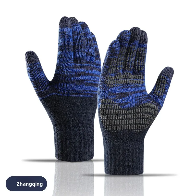 Men Large Size Autumn Winter Knit Protective Gloves Fleece Lined Colorblock Printed Touchscreen Thermal Hand Protection