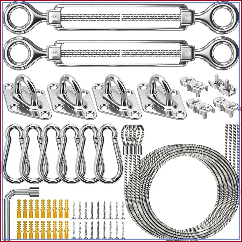 

Shade Sail Hardware Kit with Wire Ropes, 304 Stainless Steel Heavy-Duty Rustproof Turnbuckles, Hardware for Triangle Rectangle Square Sun Shade Sails, for Patios Gardens Lawns Outdoor