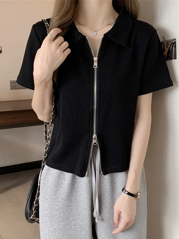 2025 Summer New Zipper  Neck Short Sleeve Slim Fit T-Shirt Women's Korean Style Cover Belly Short Length Correct Shoulder...