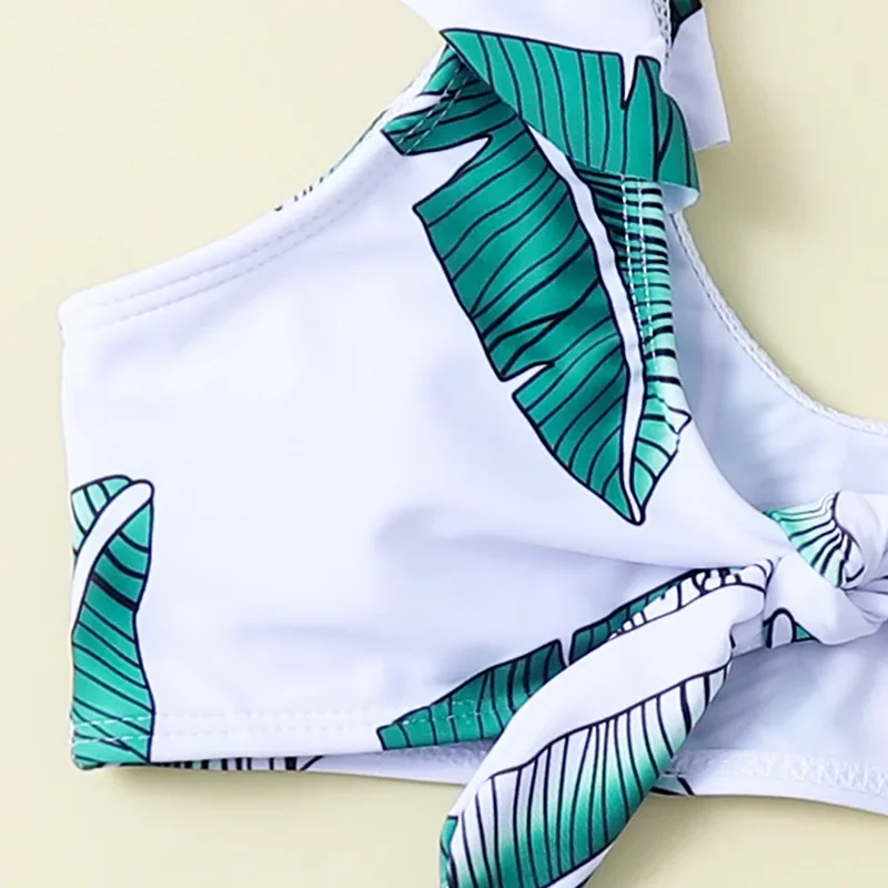 Conjunto de biquíni estampado com folhas para crianças de 7 a 14 anos, roupa de banho duas peças para meninas adolescentes e piscina, moda praia