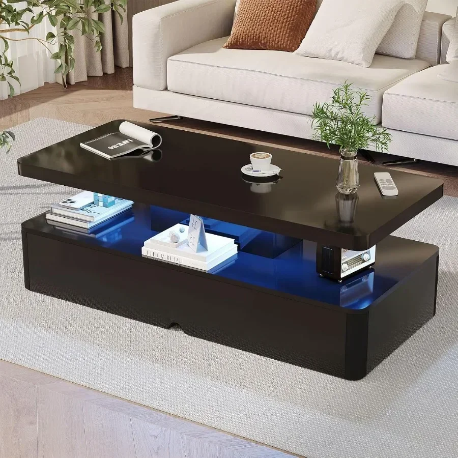 Modern Coffee Table, Coffee Tables with 16 Colors LED Lights, 2 Tier Rectangular Center Table, Large Storage Space, High Glossy