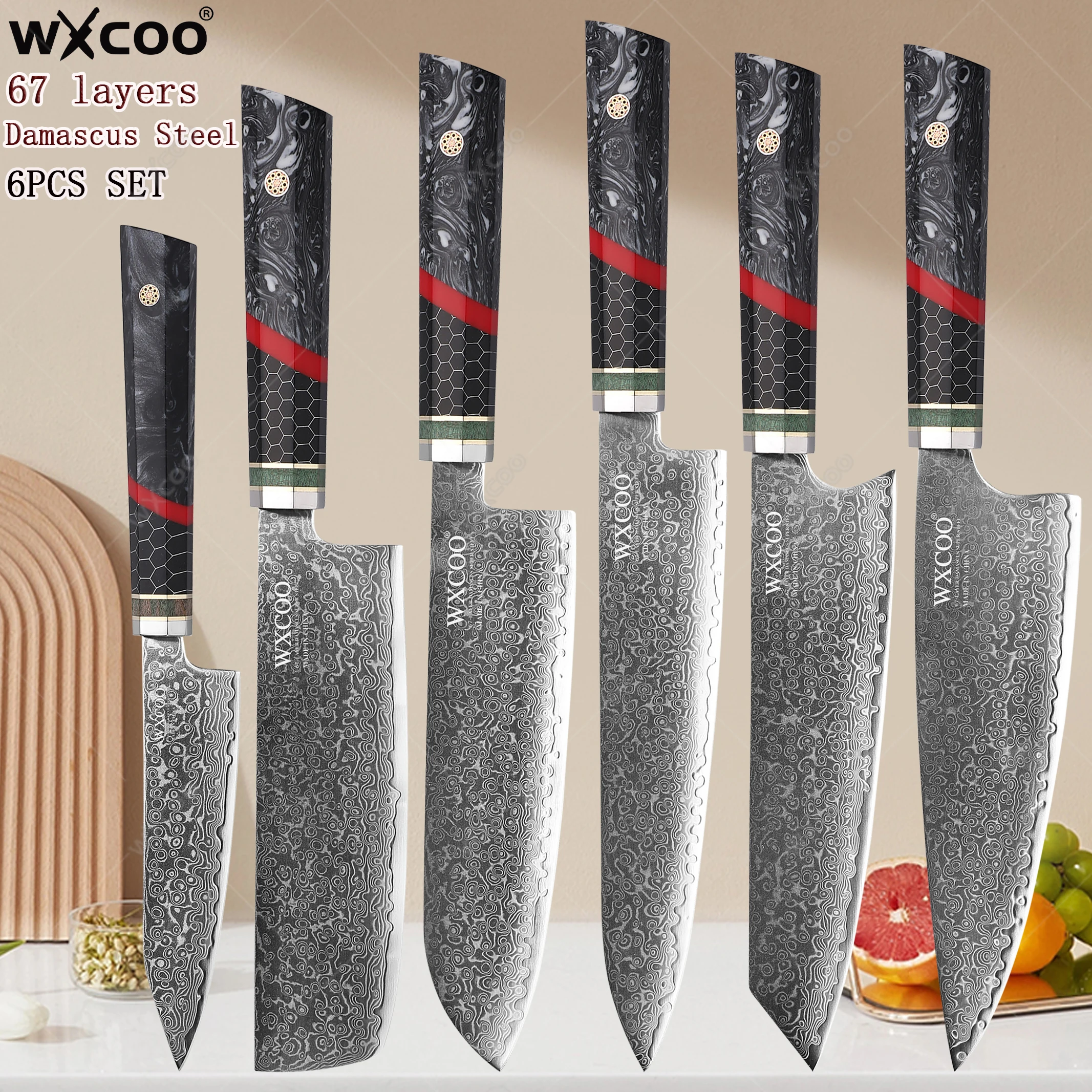 

VG10 Resin Handle Damascus Steel Chef Knife Universal Kitchen Knife Meat Cleaver Fruit Knife Household Cooking Tools with Box