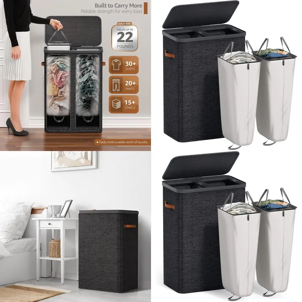 

Складная двухсекционная тканевая корзина для белья с крышкой, ручками и съемным мешком — вместимость 45 галлонов для грязной одежды, идеально подходит для