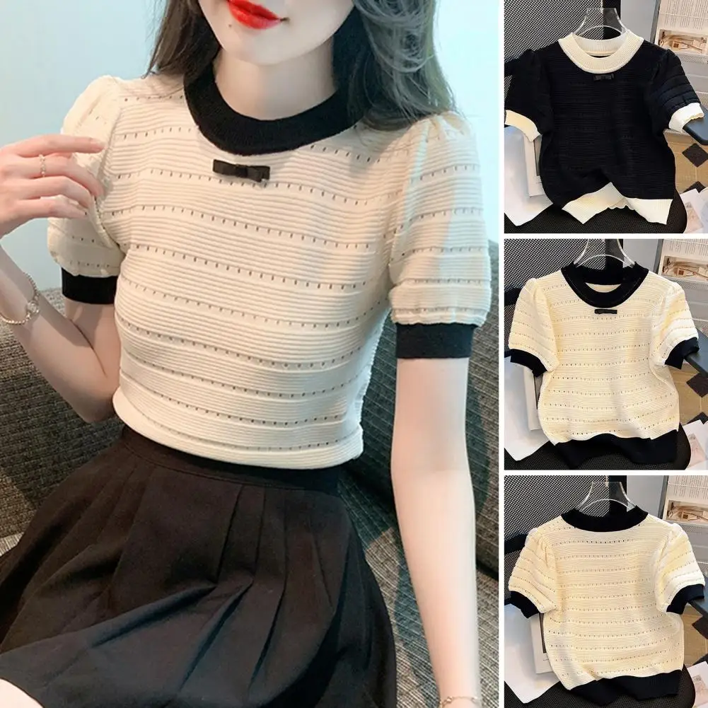 Simple Pullover Top  French Style Skin-Touching Ladies Knitwear  Crochet Patchwork Color Tee Shirt