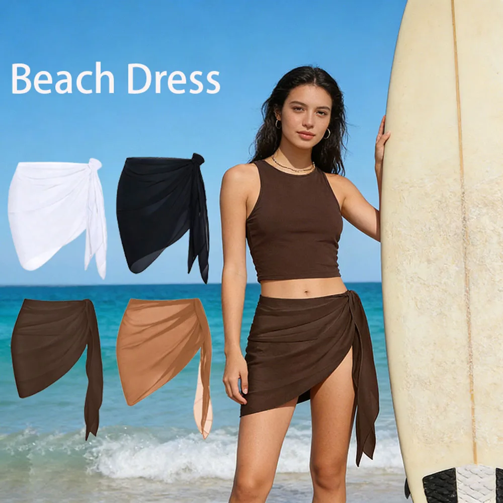Summer Beach Swimming Hoodie Skirt for Women Solid Color Short Bikini Wrap Chiffon Skirt Lightweight Scarf Swimsuit Hoodie