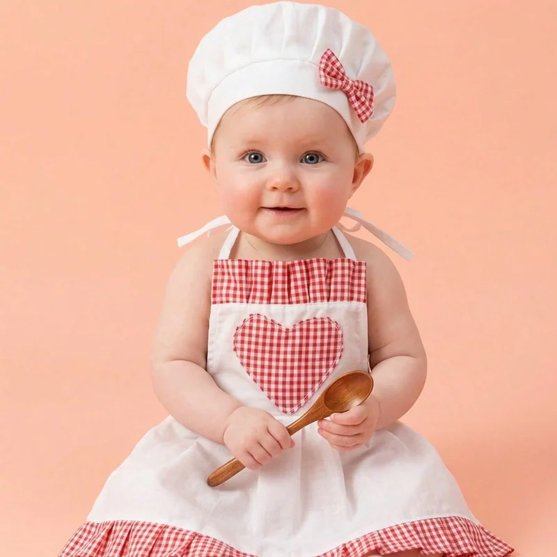 

Набор для фотосессии новорожденных: шапочка и фартук шеф-повара, комплект с рюшами, клетчатой тканью, нашивкой в виде сердца и полосками, костюм шеф-повара для мальчиков и девочек, реквизит для фотосессии