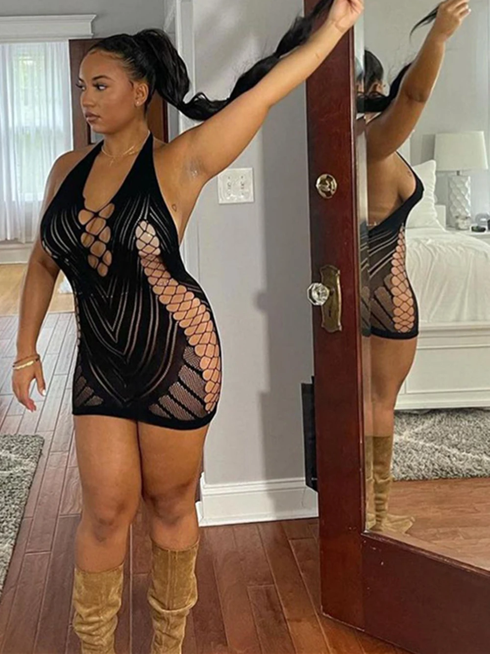 Minivestido Babydoll de encaje sexy para mujer, cuello halter, espalda descubierta, bodycon de rejilla, lencería calada, ropa de calle