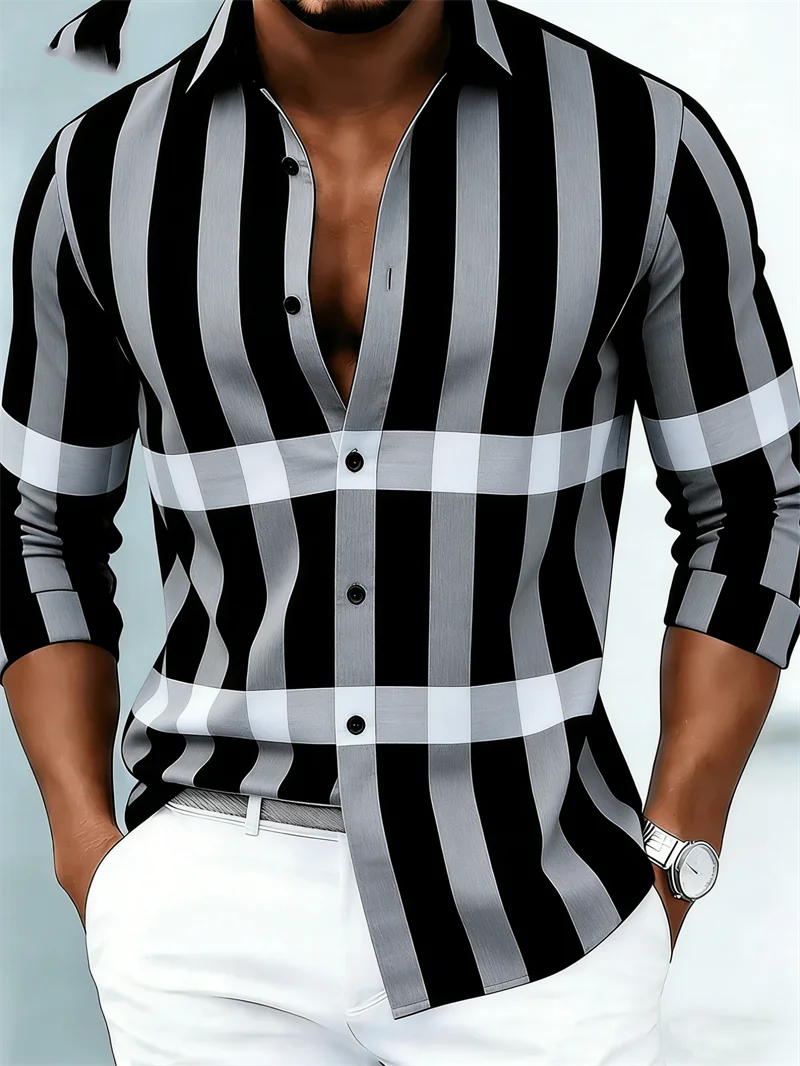 New men's long sleeved shirt casual fashion 3D striped print high-quality shirt single breasted long sleeved top image 3