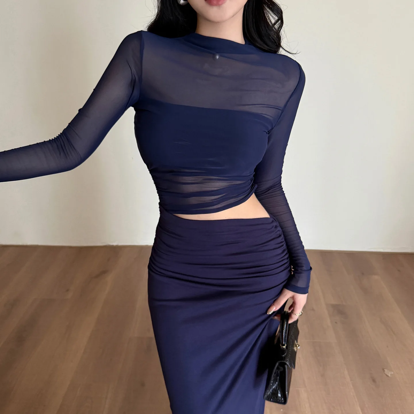 

Semi-turtleneck Mesh Sexy Hollow Long-sleeved Dress Women's New Spice Girl Split-ended Long Dress