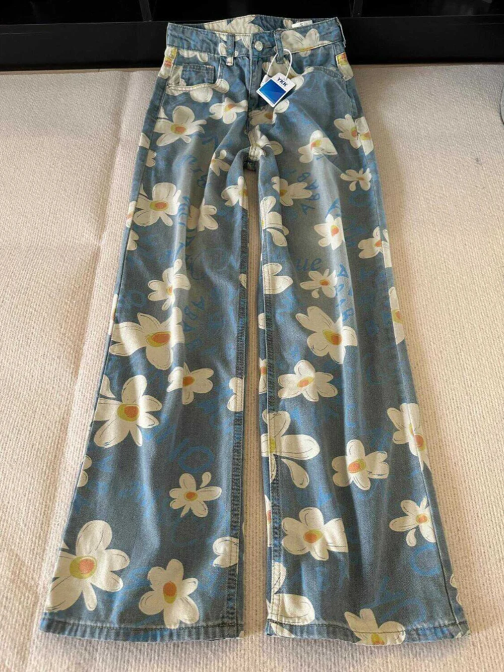 Trendy Floral Print Wide Leg Jeans Women High Waist Straight Loose Denim Pants 2024 Autumn Female Oversized Casual Full Pants