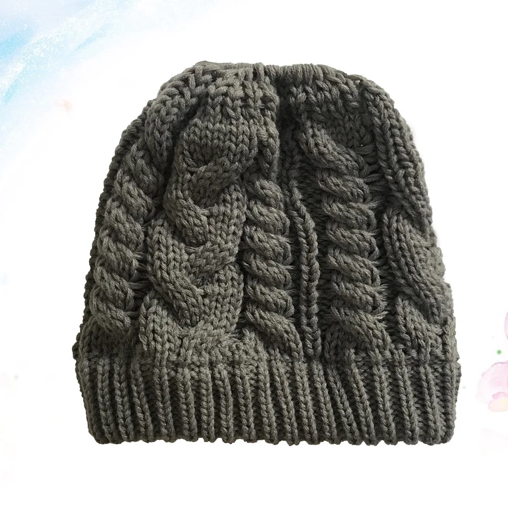 

Dark Grey Woman Ponytail Knitted Hat Autumn Winter Warm Wool Beanie Cap Outdoor Running One Size Knit Warm Hat