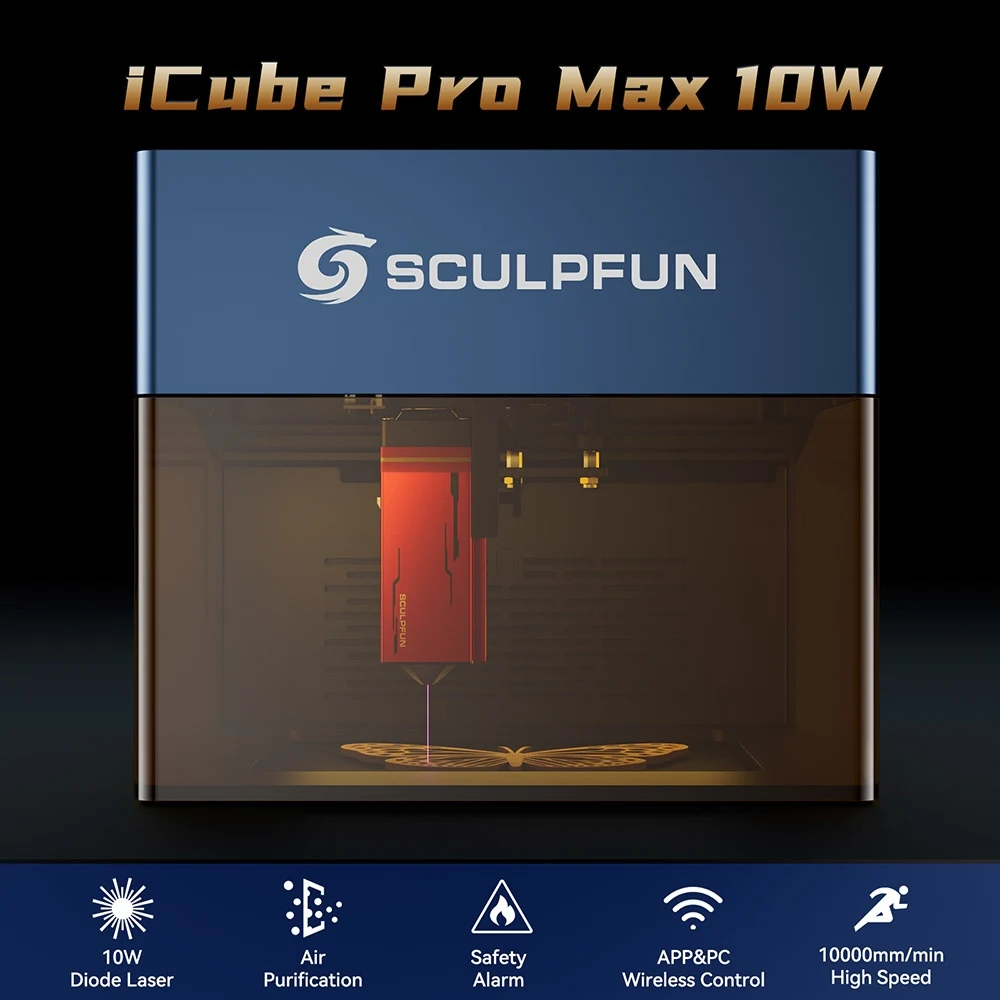 SCULPFUN iCube Pro Max 10W Laser Engraver 0.08mm Laser Spot 10000mm/min Engraving Speed Smoke Filter Temperature Alarm 120x120mm