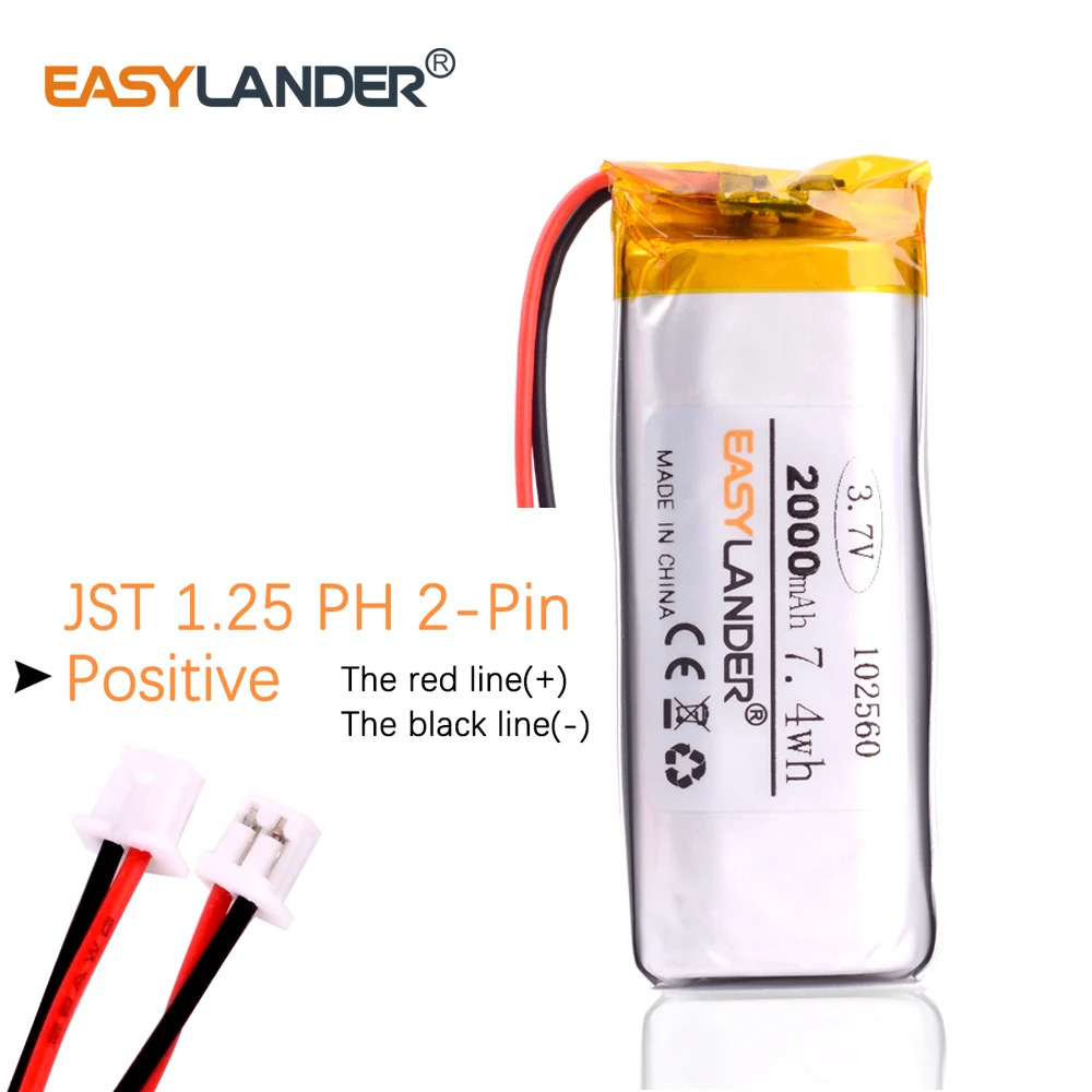 JST 1.25mm 2pin 3.7V 1800mAh 102560 Lithium Polymer Li-Po li ion Rechargeable Battery cells