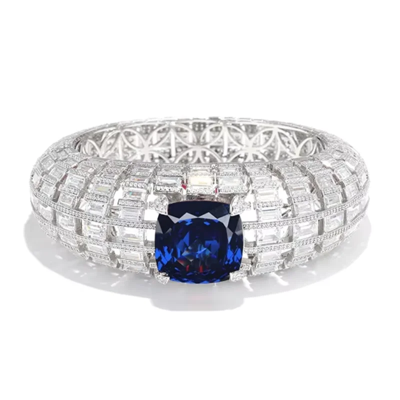 BELLUX 925 Silver Synthetic Zircon Bracelet Luxury Full Diamond Blue and Red Square Gems Sapphire Ruby Four Claw Grid Bangle
