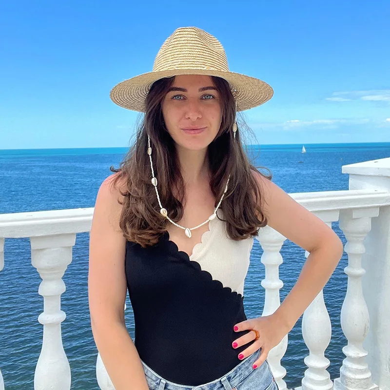 Women's Shell Necklace Straw Panama Hat Original Design Beach Sun Cap