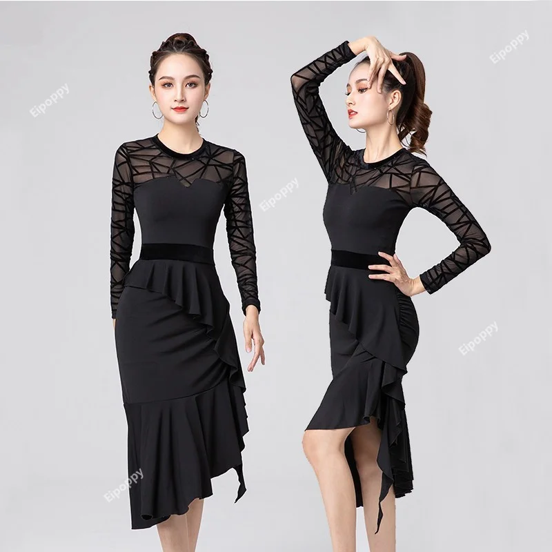 

New Black Latin Dance Dress Sexy Mesh Long Sleeve Woman Practice Dress Performance Ballroom Tango Cha Cha Rumba Costumes