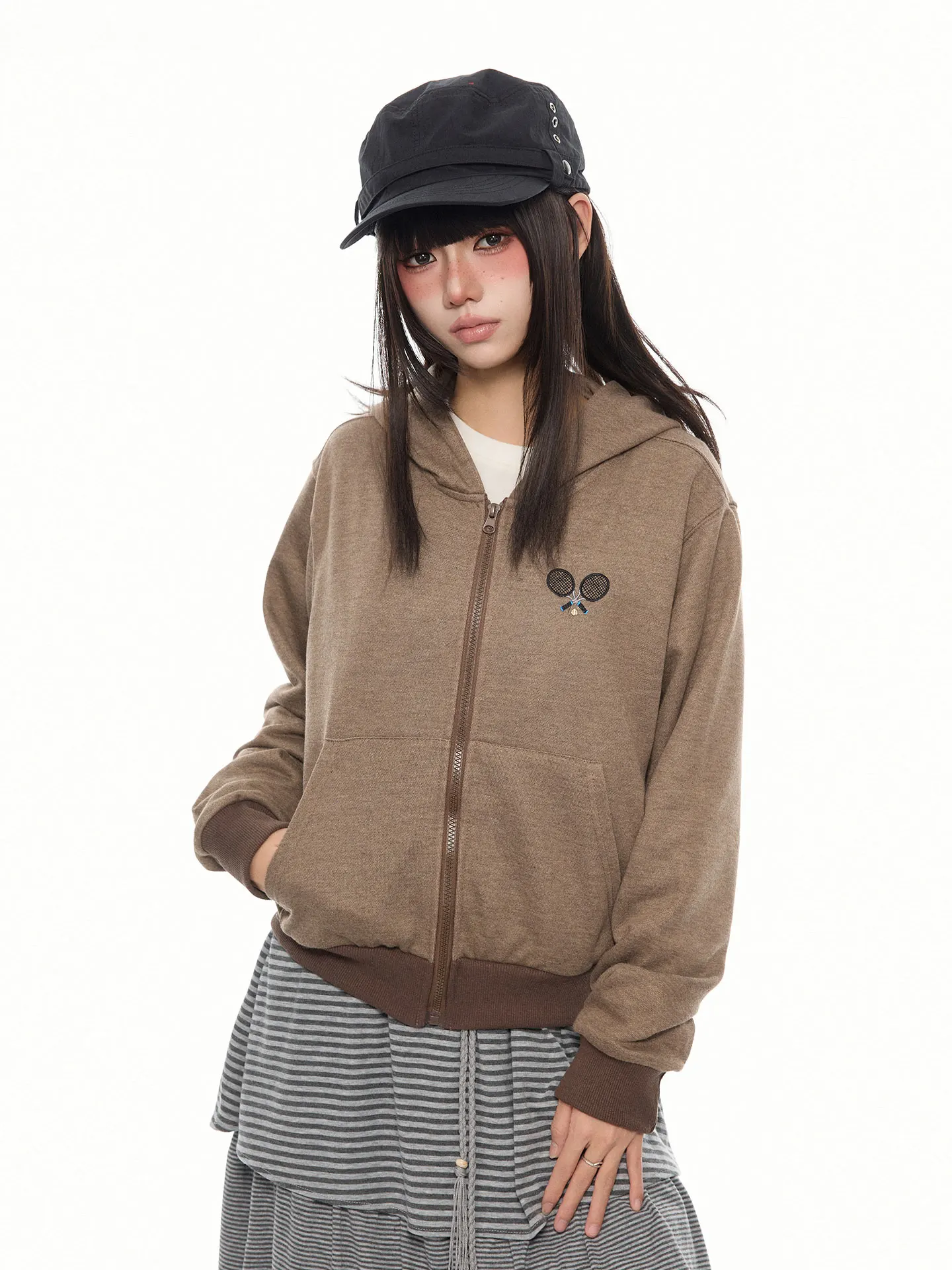  Racket American Retro Embroidered Zipper Sweatshirt Jacket Men's Lazy Style Short Open Cardigan Top Polyester Cotton Blend